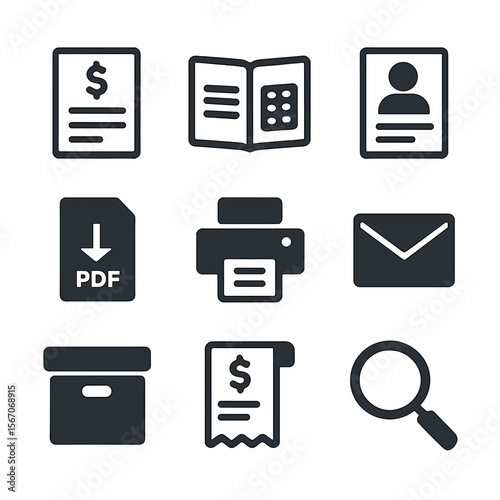 Account Icon Set. Flat icon set of account documentation: bank statement page, passbook, account summary sheet, PDF download arrow