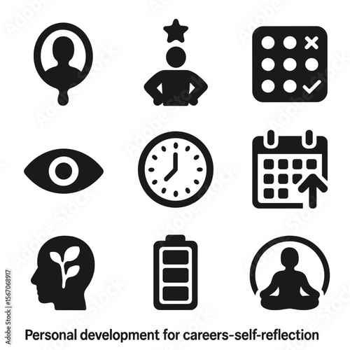 Career Growth Icons. Solid, filled icons set of personal development for careers: self-reflection mirror,