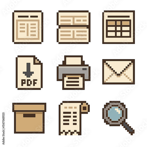 Account Icons Grid. Pixel art icon set of account documentation: bank statement page, passbook, account summary sheet, PDF