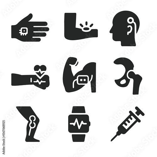 Body Augmentation Icons. Solid, filled icons set of body augmentation methods: RFID tag, LED under-skin light,