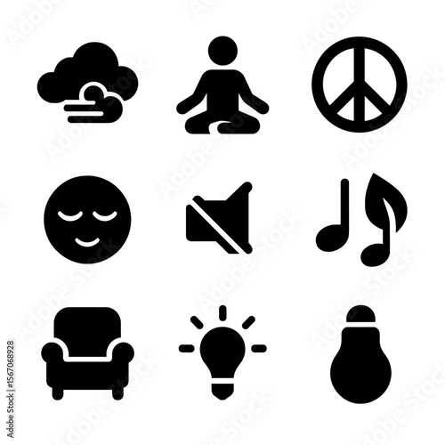 Calm Classroom Icons. Solid, filled icon set of calm classroom cues: breathing cloud, yoga pose, closed eyes, peace symbol, quiet