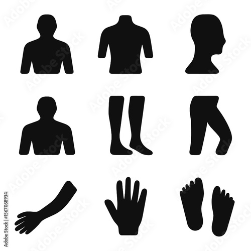 Massage Focus Icons. Solid, filled icon set of human body areas for deep tissue massage: upper back, lower back, neck, shoulders,