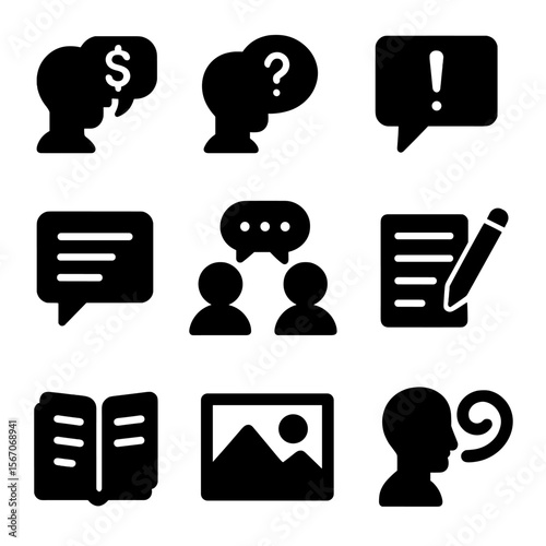 Communication Style Icons. Solid, filled icon set of communication styles: persuasive, interrogative, declarative, exclamatory,