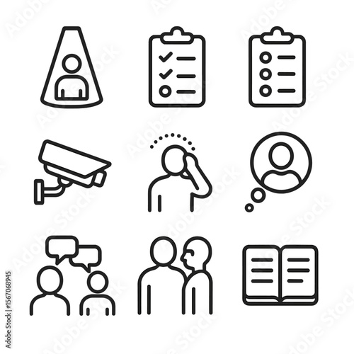 Observer Effect Icon Set. Outline icon set of psychological observer effect: person under spotlight, behavior tracking checklist,