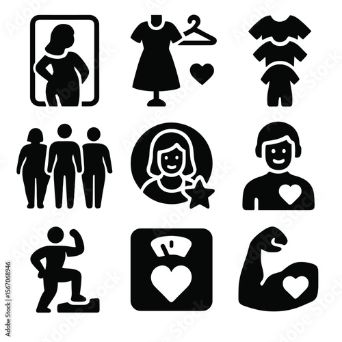 Body Positivity Icons. Solid, filled icons set of challenging body image norms: body positive mirror,