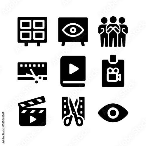 Creative Leadership Icons. Solid, filled icon set of creative leadership: storyboard, vision board, team clapping, edit timeline,