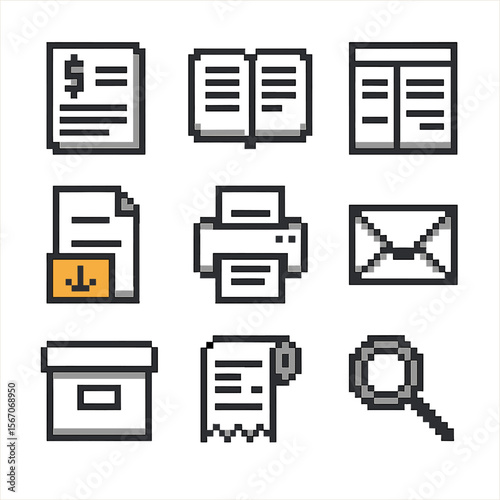 Account Icons Grid. Pixel art icon set of account documentation: bank statement page, passbook, account summary sheet, PDF