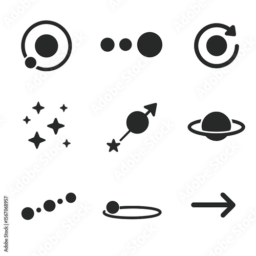 Celestial Mechanics Icons. Solid, filled icons set of celestial mechanics: orbit diagram, planetary alignment,