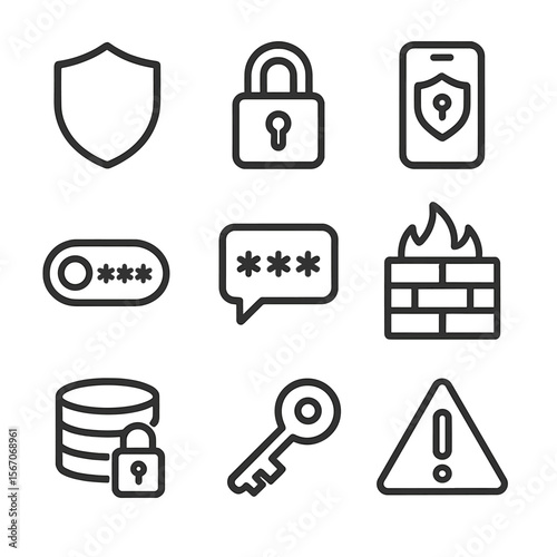 Account Security Icons. Outline icon set of account security measures: shield emblem, padlock, two-factor auth phone, OTP token,