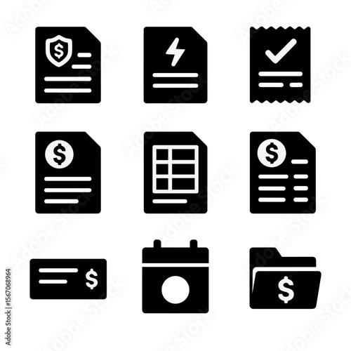 Financial Icon Grid. Solid, filled icons set of financial documents: tax form, utility bill, payment receipt,