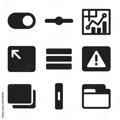 Maximalist UI Icons Grid. Solid, filled icon set of maximalist digital UI elements: toggle switches, slider knobs, chart grid,