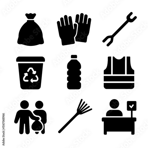 Community Clean-Up Icons. Solid, filled icon set of community clean-up day: trash bag, gloves, litter grabber, recycle bin, water