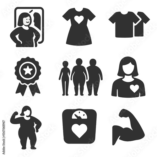 Body Positivity Icons. Solid, filled icons set of challenging body image norms: body positive mirror,