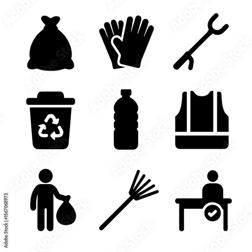 Community Clean-Up Icons. Solid, filled icon set of community clean-up day: trash bag, gloves, litter grabber, recycle bin, water