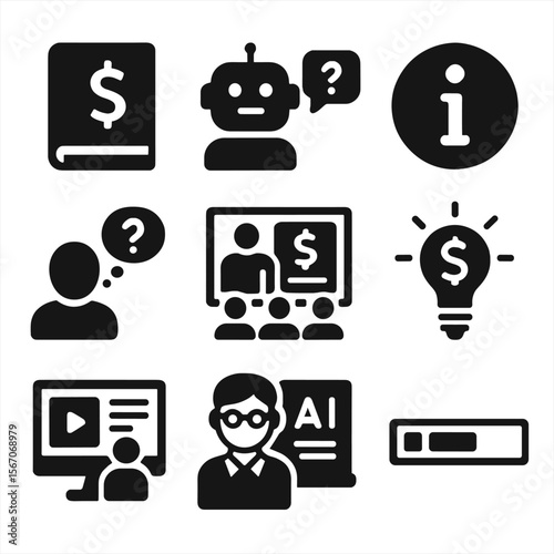 Financial Literacy Icons. Solid, filled icons set of financial literacy via AI: dollar book, chatbot help,