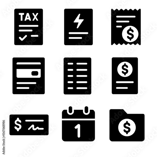 Financial Icon Grid. Solid, filled icons set of financial documents: tax form, utility bill, payment receipt,