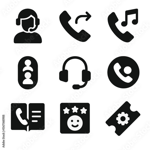 Call Center Icons. Solid, filled icon set of call center activities: customer service agent, call transfer, hold music, call queue