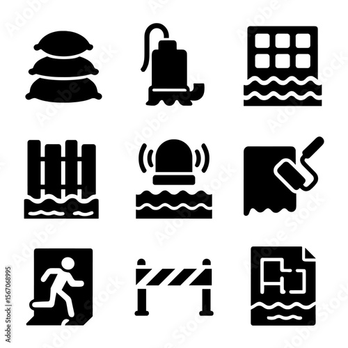 Flood Safety Icons. Solid, filled icons set of flooding and water damage prevention: sandbag, sump pump, drain