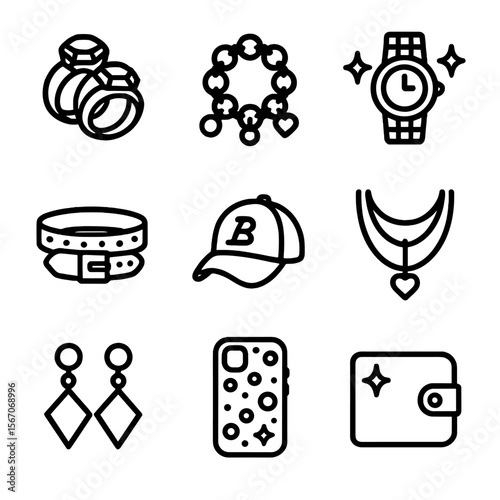 McBling Accessories Icons. Solid, filled icon set of McBling accessories: oversized rings, charm bracelets, sparkling watches,