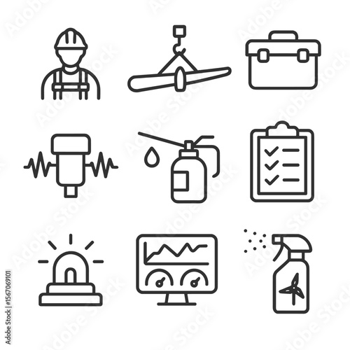 Operation Maintenance Icons. Outline icon set of operation and maintenance activities: technician with safety harness, crane