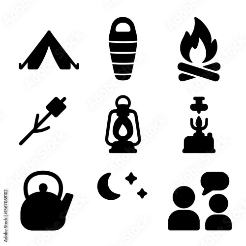 Camping Icons Grid. Solid, filled icon set of camping on the trail: tent, sleeping bag, campfire, marshmallow stick, lantern,