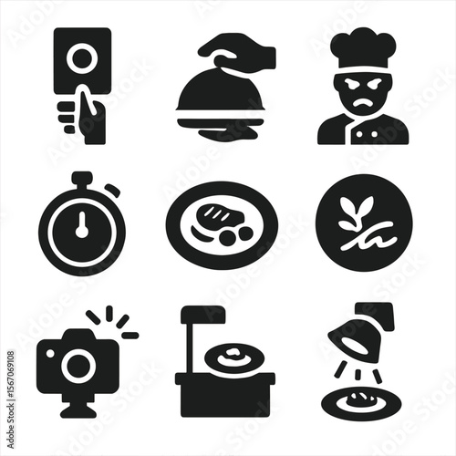Culinary Icons Grid. Solid, filled icon set of sushi artistry: nigiri, maki roll, sashimi, bamboo mat, soy sauce dish, wasabi dab,