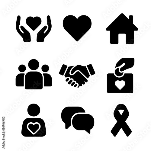 Community Support Icons. Solid, filled icon set of community support: helping hands, heart, home, group of people, handshake,