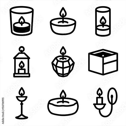 Candle Holder Icons. Solid, filled icon set of candle holder types: glass votive holder, metal tealight holder, ceramic pillar