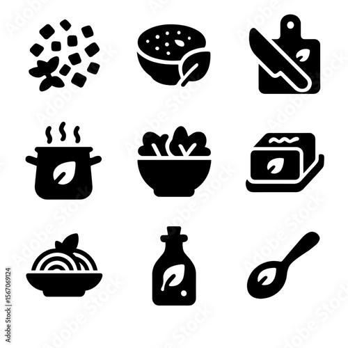 Culinary Herb Icons. Solid, filled icon set of culinary herb uses: chopped herbs, seasoning bowl, cutting board, soup pot, salad