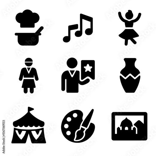 Cultural Experience Icons. Solid, filled icon set of cultural immersion experiences: cooking class, music notes, traditional dance