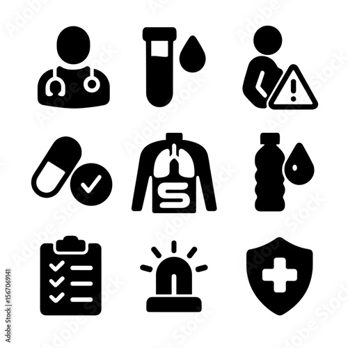 Medical Fasting Icons. Solid, filled icon set of fasting medical considerations: doctor consultation, blood test, pregnancy