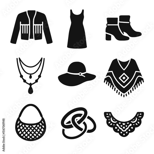 Boho Chic Icons. Solid, filled icons set of boho chic womenswear: fringe jacket, maxi dress, ankle boots,