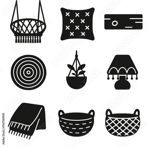 Boho Living Room Icons. Solid, filled icons set of modern boho living room features: macramé swing, textured