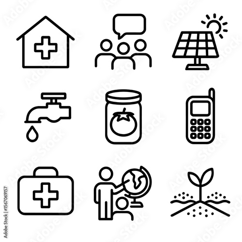 Community Resilience Icons. Solid, filled icon set of community adaptation and resilience: emergency shelter, community meeting,