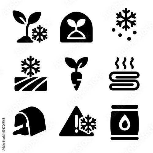 Cold-Resistant Plant Icons. Solid, filled icons set of cold-tolerant plants: frost-resistant sprout, insulated