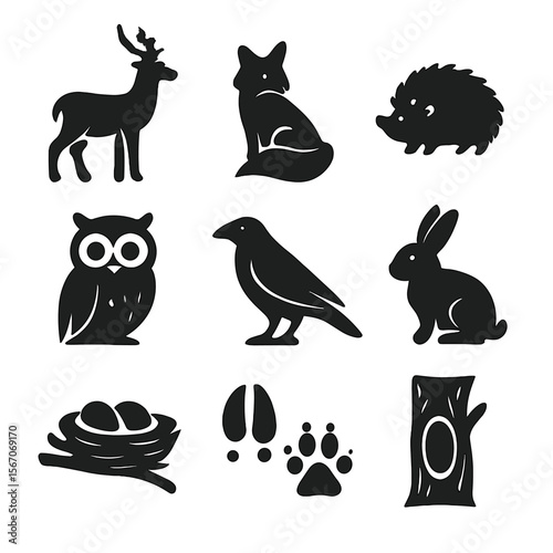 Forest Wildlife Icons. Solid, filled icons set of forest wildlife encountered while foraging: deer, fox,