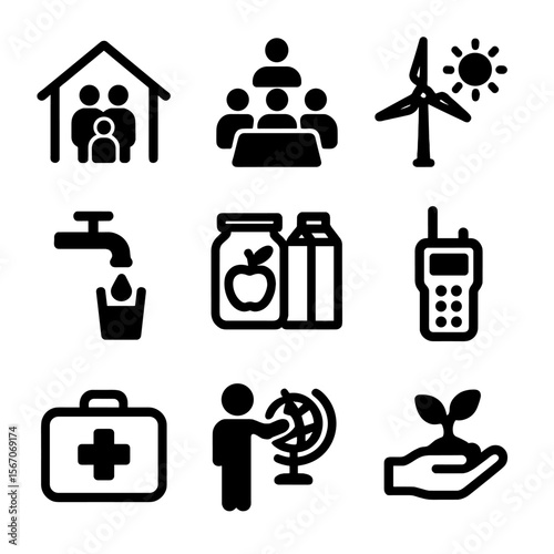 Community Resilience Icons. Solid, filled icon set of community adaptation and resilience: emergency shelter, community meeting,