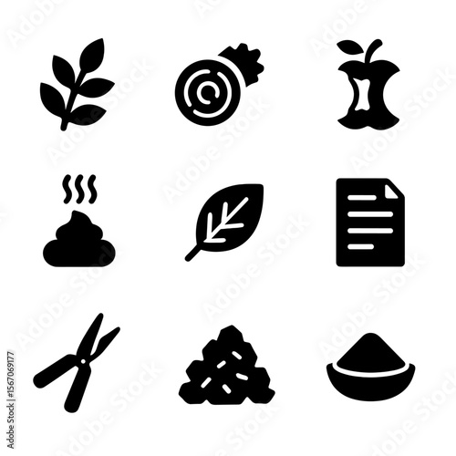 Compost Icon Collection. Solid, filled icon set of compost types: green waste, brown waste, food scraps, manure, leaf litter,