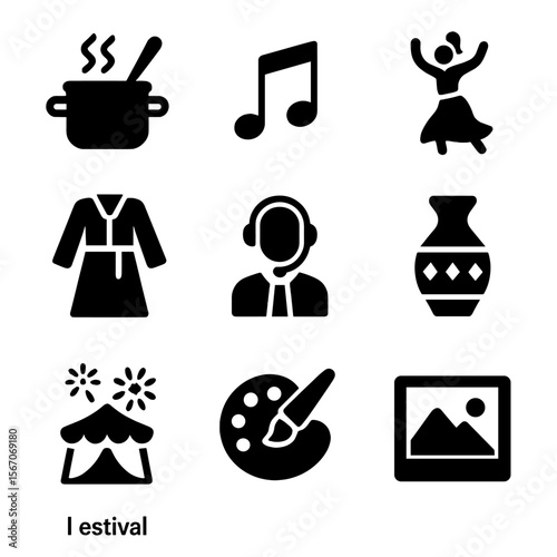 Cultural Experience Icons. Solid, filled icon set of cultural immersion experiences: cooking class, music notes, traditional dance