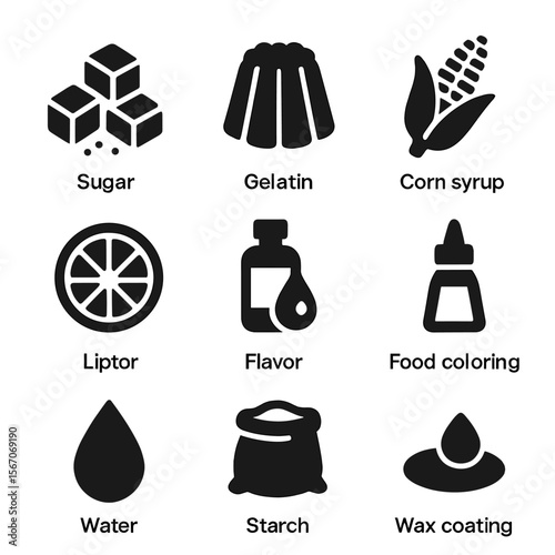 Candy Ingredient Icons. Solid, filled icon set of candy ingredients: sugar, gelatin, corn syrup, citric acid, flavor extract, food