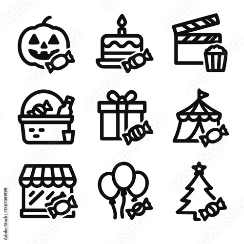 Candy Icon Set. Solid, filled icon set of candy consumption occasions: Halloween, birthday, movie night, picnic, gift giving,