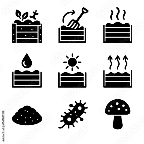 Composting Icon Set. Solid, filled icon set of composting process: layering, turning, decomposing, moisture, heat, aeration,