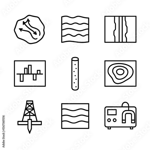 Paleomagnetism Icon Set. Outline icon set of paleomagnetism and field reversals: rock sample with magnetization lines, lava flow