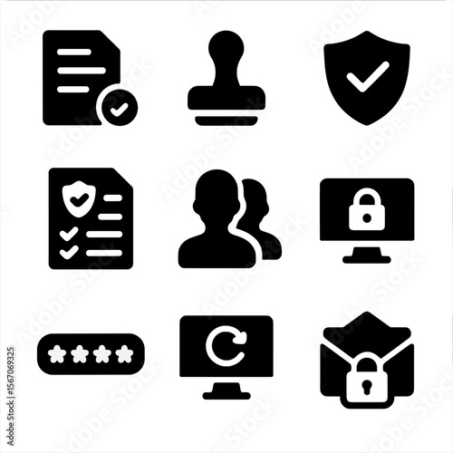 Cybersecurity Policies Icons. Solid, filled icon set of small business cybersecurity policies: document, approval stamp, shield
