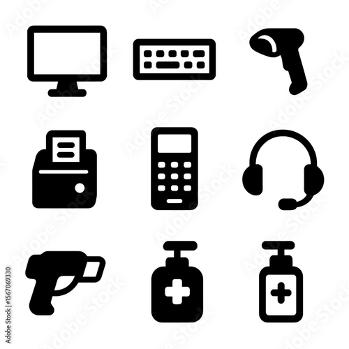 Cashier Workspace Icons. Solid, filled icon set of cashier workspace: computer monitor, keyboard, cash drawer, barcode scanner,