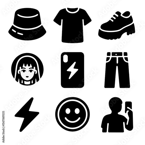 Gen Z Fashion Icons. Solid, filled icons set of Gen Z celebrity street fashion: bucket hat, oversized tee,
