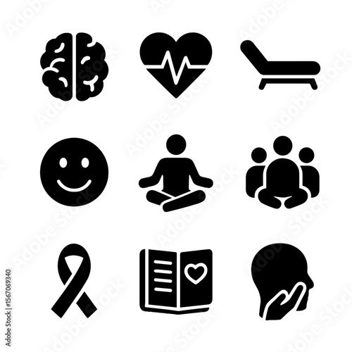 Mental Health Icons. Solid, filled icon set of compassion and mental health: brain, heart pulse, therapy couch, smiling face,