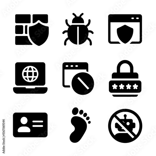 Cybersecurity Icon Set. Solid, filled icon set of cybersecurity and misinformation defense: firewall shield, antivirus icon,