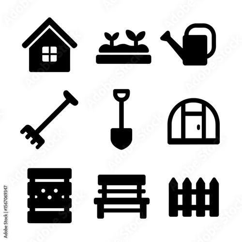 Dacha Essentials Icons. Solid, filled icon set of educational outreach on fire ecology: info booth, pamphlet stack, fire ecology