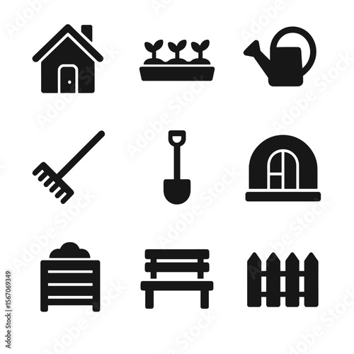 Dacha Essentials Icons. Solid, filled icon set of dacha essentials: wooden house, garden bed, watering can, rake, shovel,